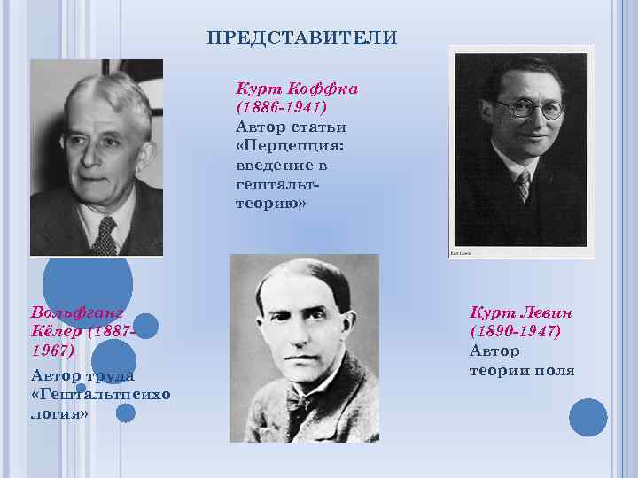 ПРЕДСТАВИТЕЛИ Курт Коффка (1886 -1941) Автор статьи «Перцепция: введение в гештальттеорию» Вольфганг Кёлер (18871967)