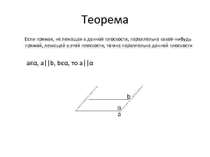 Теорема Если прямая, не лежащая в данной плоскости, параллельна какой-нибудь прямой, лежащей в этой