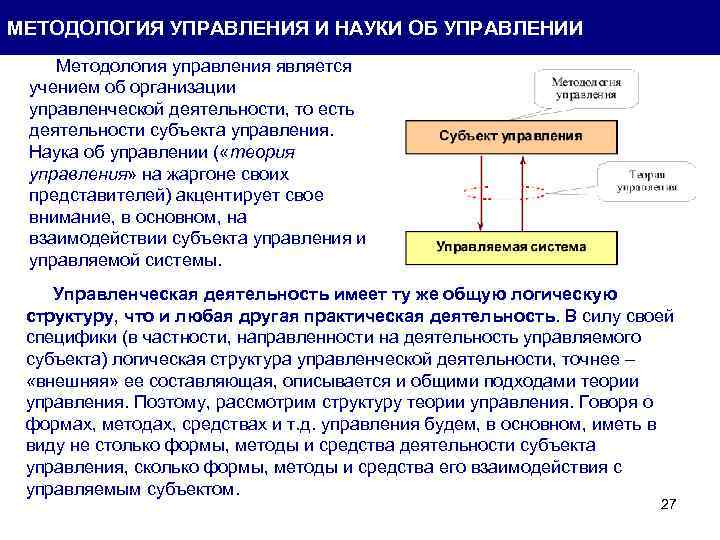 МЕТОДОЛОГИЯ УПРАВЛЕНИЯ И НАУКИ ОБ УПРАВЛЕНИИ Методология управления является учением об организации управленческой деятельности,