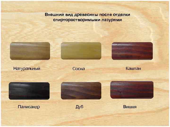 Внешний вид древесины после отделки спирторастворимыми лазурями Натуральный Палисандр Сосна Дуб Каштан Вишня 