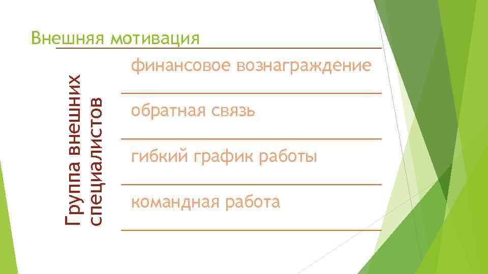 Группа внешних специалистов Внешняя мотивация финансовое вознаграждение обратная связь гибкий график работы командная работа