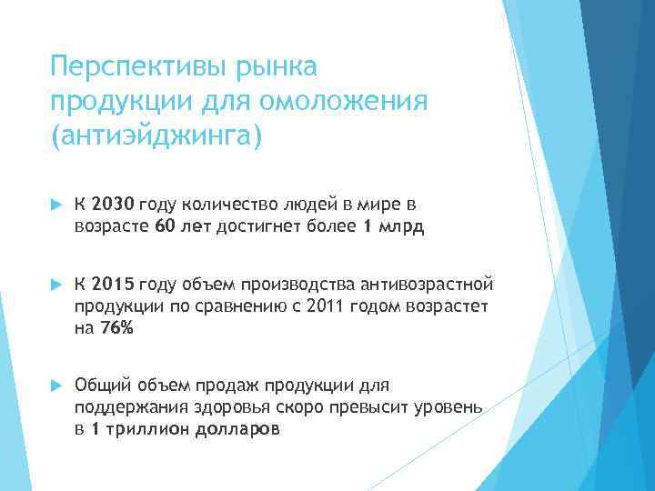 Перспективы рынка продукции для омоложения (антиэйджинга) К 2030 году количество людей в мире в