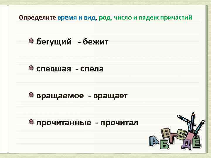 Определите время и вид, род, число и падеж причастий бегущий - бежит спевшая -