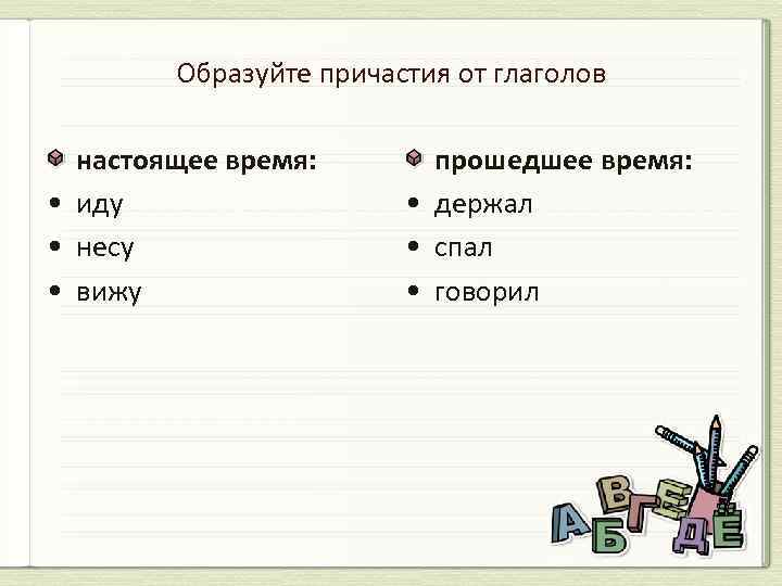 Образуйте причастия от глаголов настоящее время: • иду • несу • вижу прошедшее время: