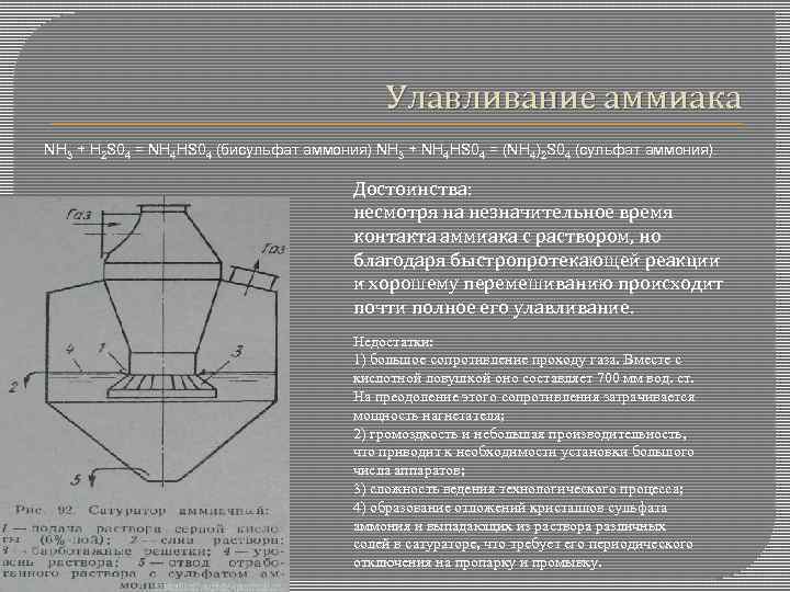 Улавливание аммиака NH 3 + H 2 S 04 = NH 4 HS 04