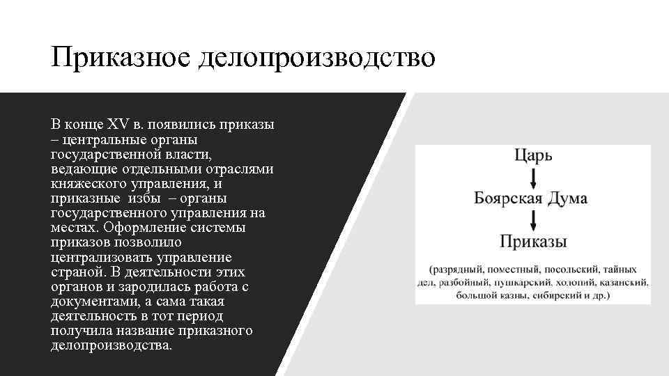 Приказное делопроизводство В конце XV в. появились приказы – центральные органы государственной власти, ведающие