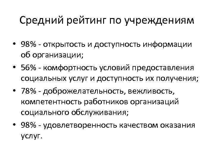 Средний рейтинг по учреждениям • 98% - открытость и доступность информации об организации; •