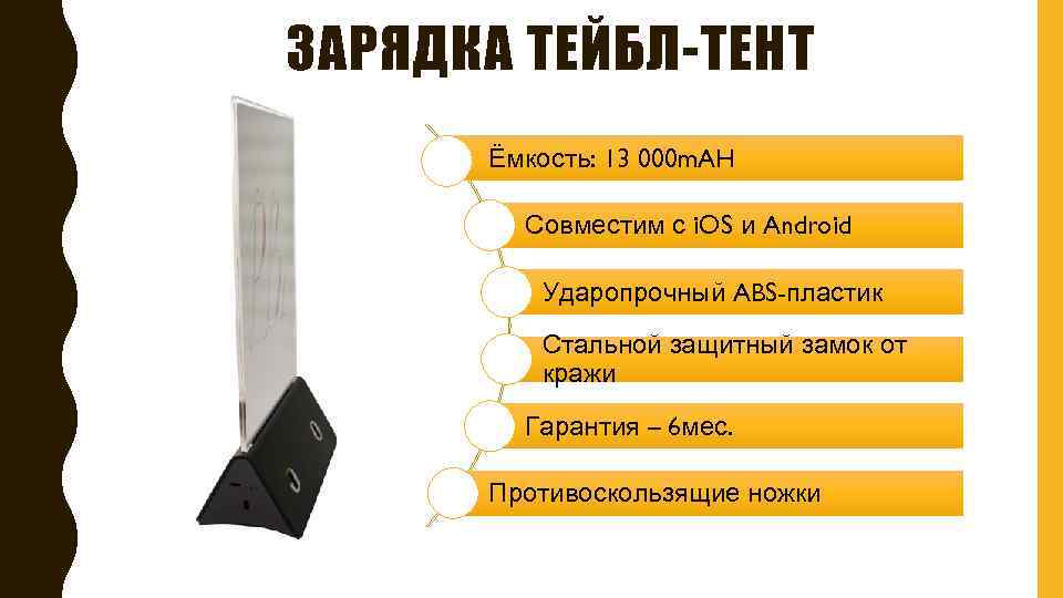 ЗАРЯДКА ТЕЙБЛ-ТЕНТ Ёмкость: 13 000 m. AH Совместим с i. OS и Android Ударопрочный