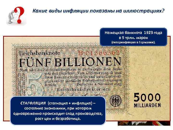 Какие виды инфляции показаны на иллюстрациях? Немецкая банкнота 1923 года в 5 трлн. марок