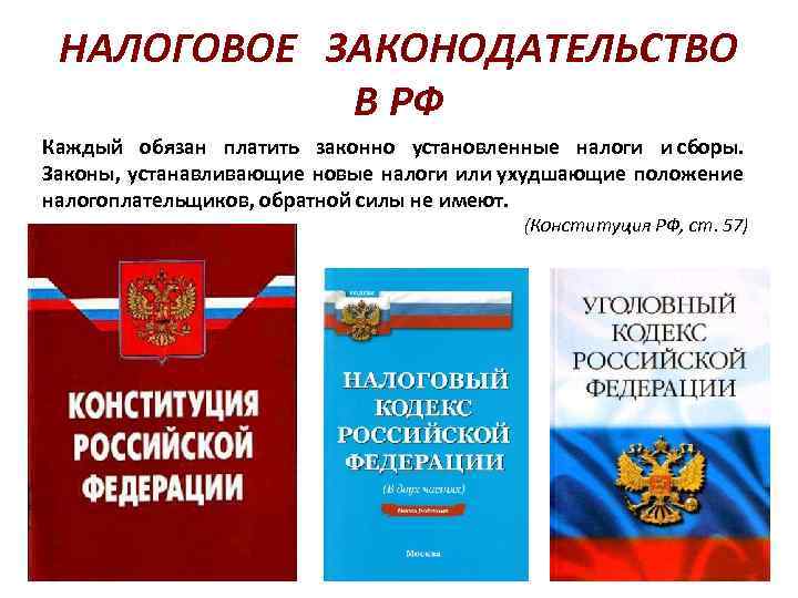 НАЛОГОВОЕ ЗАКОНОДАТЕЛЬСТВО В РФ Каждый обязан платить законно установленные налоги и сборы. Законы, устанавливающие