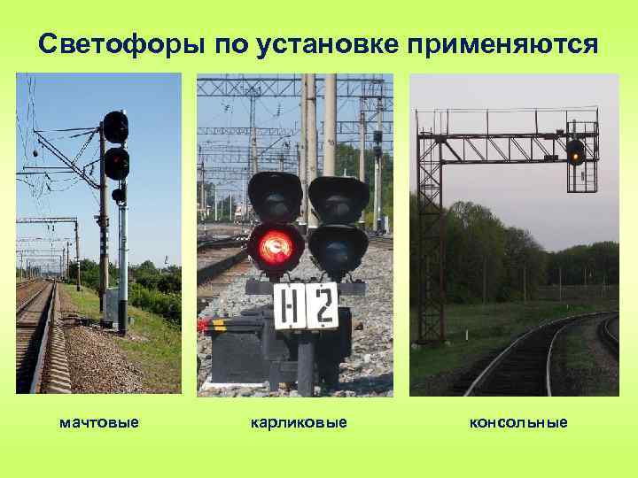 Какие светофоры применяются на железнодорожном транспорте. Светофор на железной дороге. Сигналы светофора на ЖД. Железнодорожный светофор сигналы. Мачтовые и Карликовые светофоры.