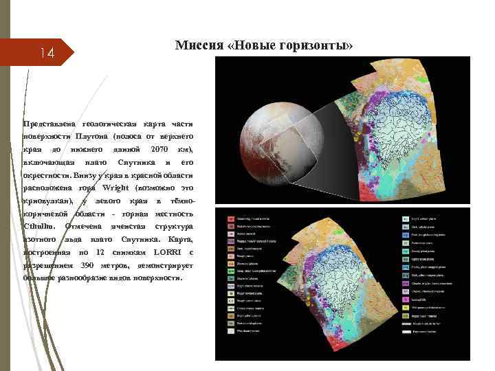 Миссия «Новые горизонты» 14 Представлена геологическая карта части поверхности Плутона (полоса от верхнего края