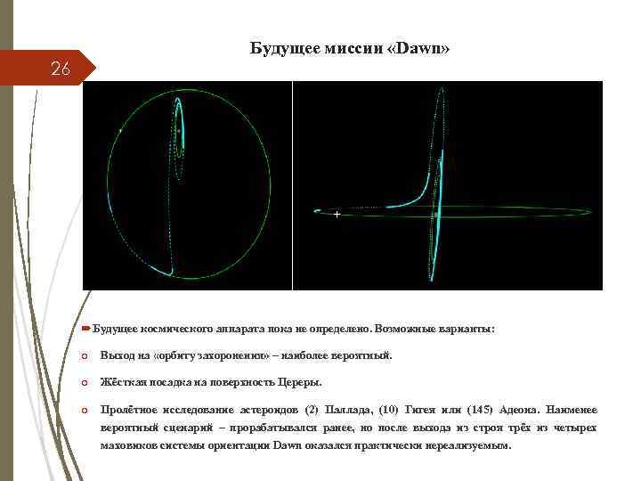 Будущее миссии «Dawn» 26 Будущее космического аппарата пока не определено. Возможные варианты: o Выход