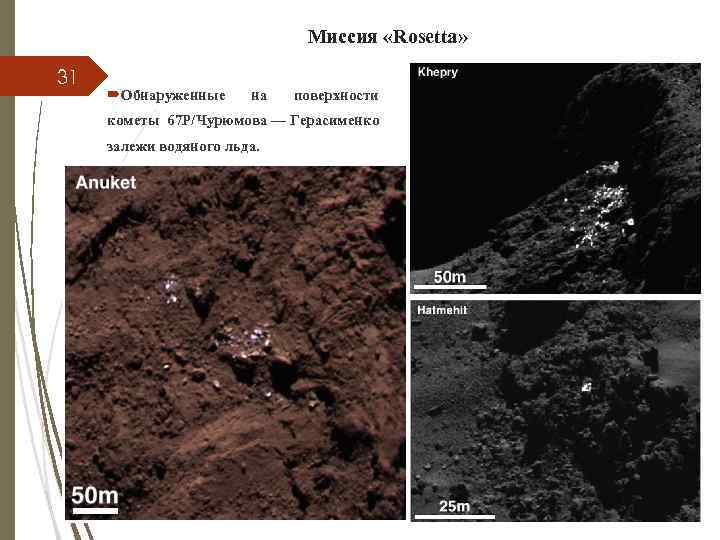 Миссия «Rosetta» 31 Обнаруженные на поверхности кометы 67 P/Чурюмова — Герасименко залежи водяного льда.