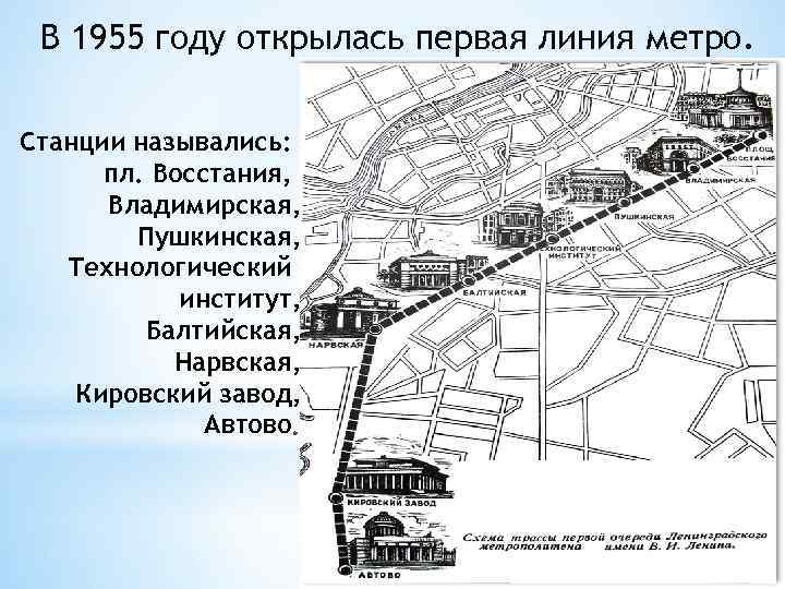 В 1955 году открылась первая линия метро. Станции назывались: пл. Восстания, Владимирская, Пушкинская, Технологический