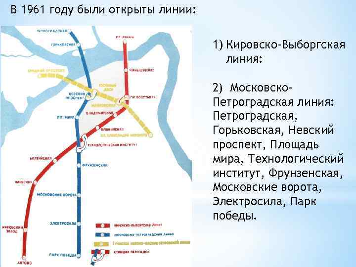 В 1961 году были открыты линии: 1) Кировско-Выборгская линия: 2) Московско. Петроградская линия: Петроградская,