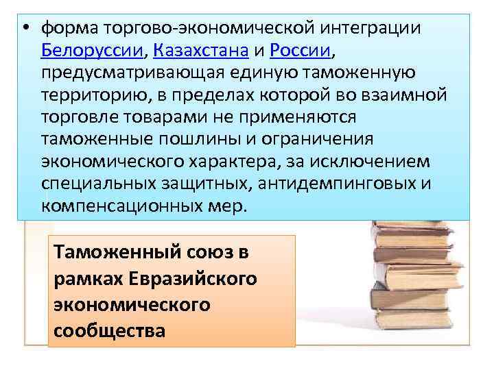  • форма торгово-экономической интеграции Белоруссии, Казахстана и России, предусматривающая единую таможенную территорию, в