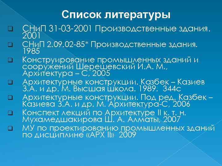 Список литературы q q q q СНи. П 31 03 2001 Производственные здания. 2001