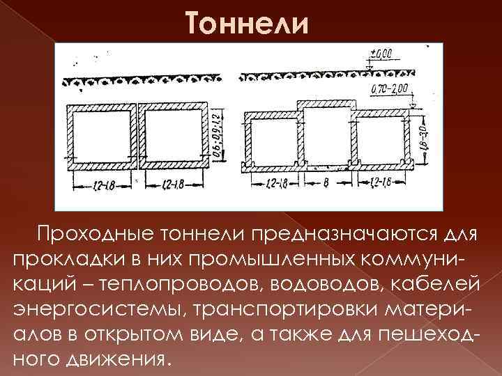 Тоннели Проходные тоннели предназначаются для прокладки в них промышленных коммуникаций – теплопроводов, кабелей энергосистемы,