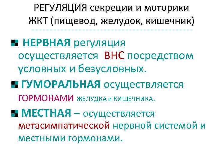 РЕГУЛЯЦИЯ секреции и моторики ЖКТ (пищевод, желудок, кишечник) НЕРВНАЯ регуляция осуществляется ВНС посредством условных