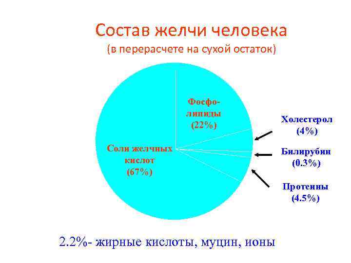 Состав желчи человека (в перерасчете на сухой остаток) Фосфолипиды (22%) Соли желчных кислот (67%)