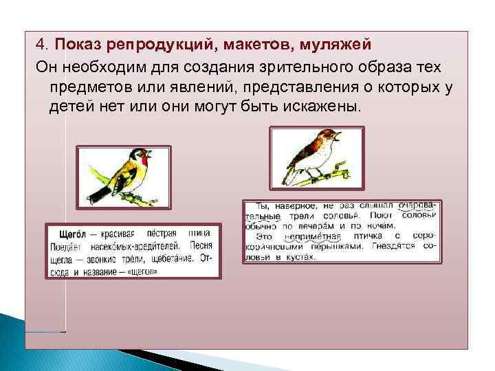 4. Показ репродукций, макетов, муляжей Он необходим для создания зрительного образа тех предметов или