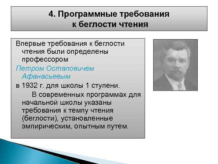 4. Программные требования к беглости чтения Впервые требования к беглости чтения были определены профессором