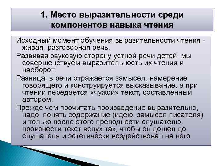 1. Место выразительности среди компонентов навыка чтения Исходный момент обучения выразительности чтения живая, разговорная