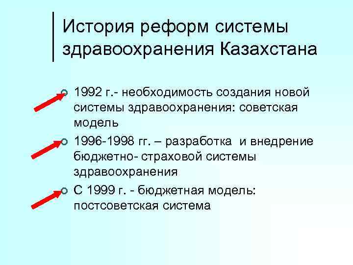 История реформ системы здравоохранения Казахстана ¢ ¢ ¢ 1992 г. - необходимость создания новой