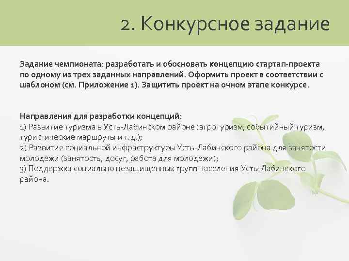 2. Конкурсное задание Задание чемпионата: разработать и обосновать концепцию стартап-проекта по одному из трех