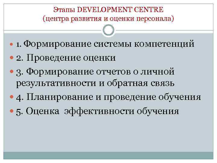 Этапы DEVELOPMENT CENTRE (центра развития и оценки персонала) 1. Формирование системы компетенций 2. Проведение