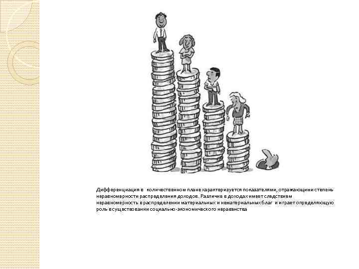 Дифференциация в количественном плане характеризуется показателями, отражающими степень неравномерности распределения доходов. Различие в доходах