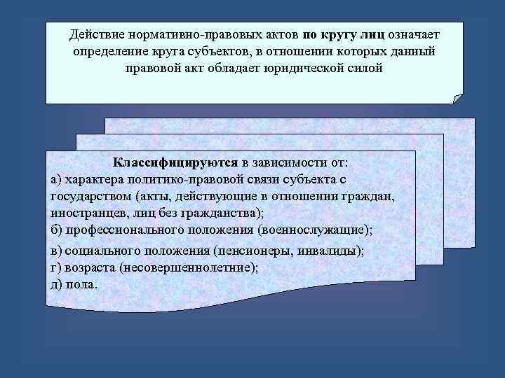 Действие нормативно-правовых актов по кругу лиц означает определение круга субъектов, в отношении которых данный