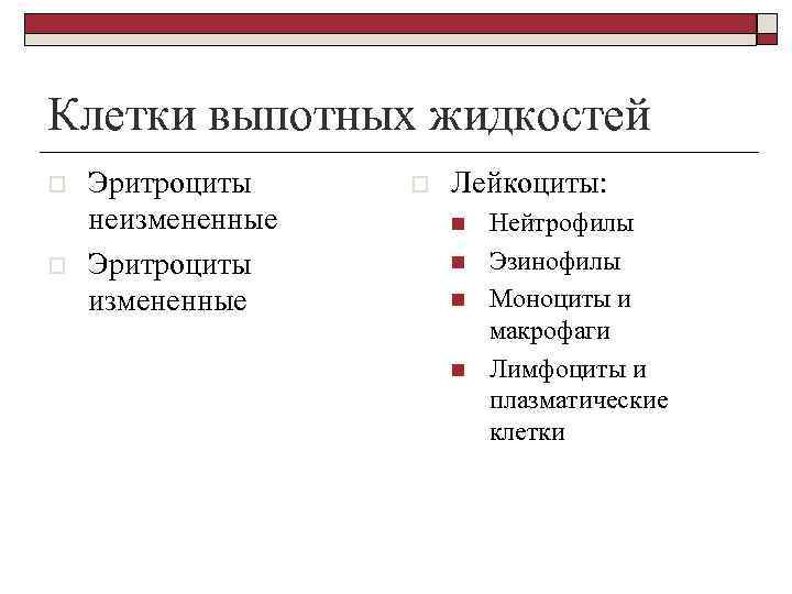 Клетки выпотных жидкостей o o Эритроциты неизмененные Эритроциты измененные o Лейкоциты: n n Нейтрофилы