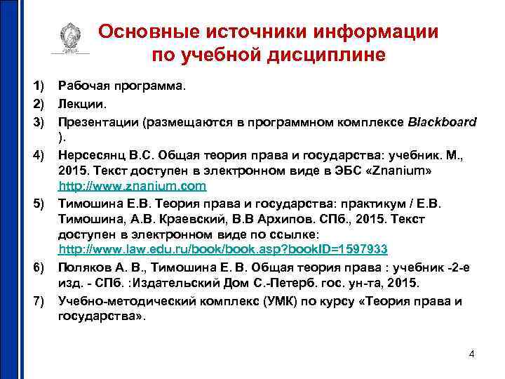 Основные источники информации по учебной дисциплине 1) 2) 3) 4) 5) 6) 7) Рабочая