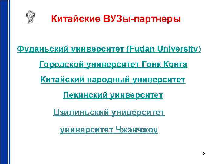 Китайские ВУЗы-партнеры Фуданьский университет (Fudan University) Городской университет Гонк Конга Китайский народный университет Пекинский