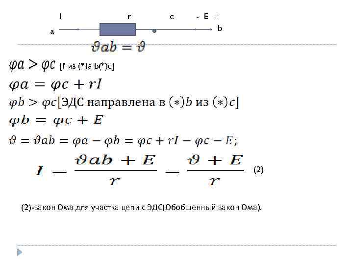 I a r c - E + b [I из (*)а b(*)c] (2)-закон Ома