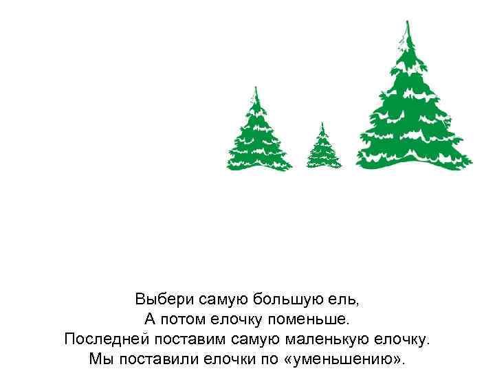 Выбери самую большую ель, А потом елочку поменьше. Последней поставим самую маленькую елочку. 04.