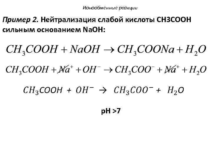 Ионообменные реакции Пример 2. Нейтрализация слабой кислоты CH 3 COOH сильным основанием Na. OH: