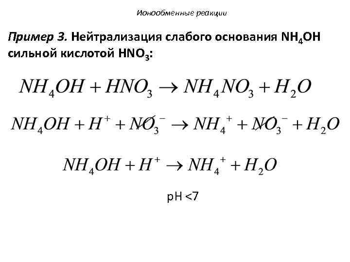 Ионообменные реакции Пример 3. Нейтрализация слабого основания NH 4 OH сильной кислотой HNO 3: