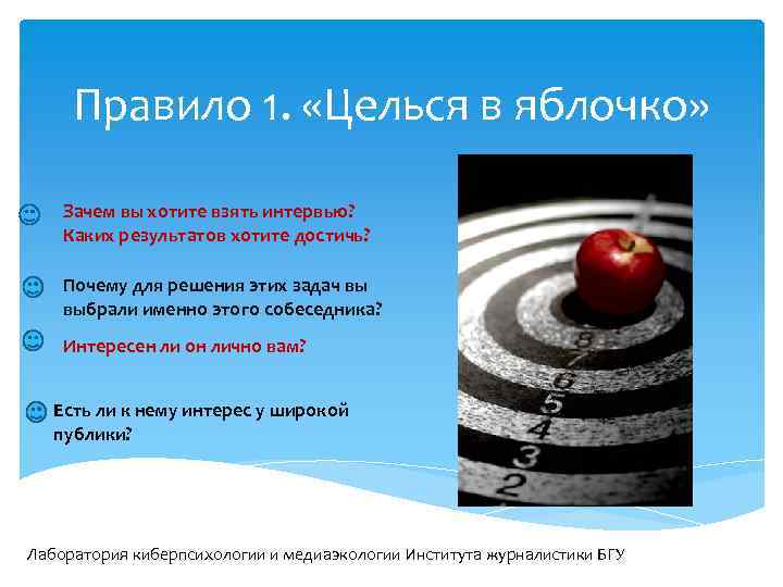 Правило 1. «Целься в яблочко» Зачем вы хотите взять интервью? Каких результатов хотите достичь?