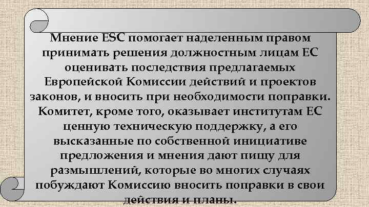 Мнение ESC помогает наделенным правом принимать решения должностным лицам ЕС оценивать последствия предлагаемых Европейской