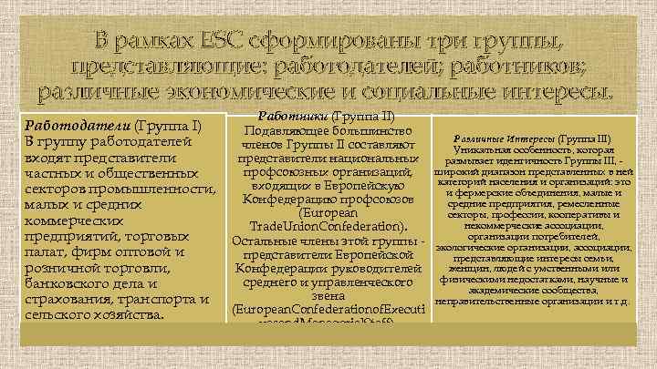 В рамках ESC сформированы три группы, представляющие: работодателей; работников; различные экономические и социальные интересы.