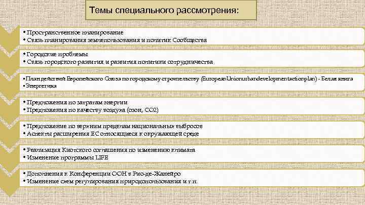 Темы специального рассмотрения: • Пространственное планирование • Связь планирования землепользования и политик Сообщества •