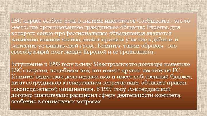 ESC играет особую роль в системе институтов Сообщества - это то место, где организованное