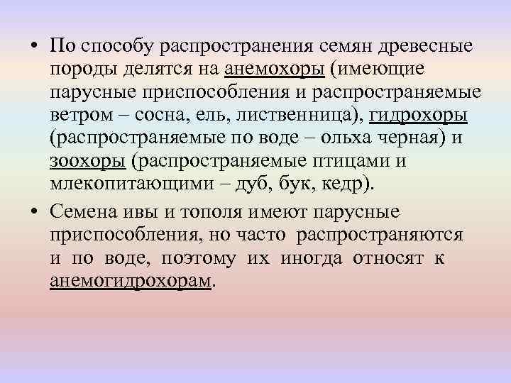  • По способу распространения семян древесные породы делятся на анемохоры (имеющие парусные приспособления