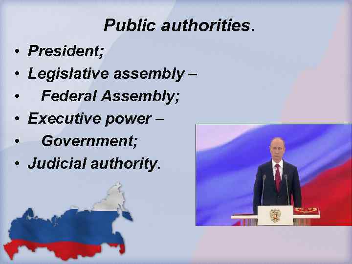 Public authorities. • • • President; Legislative assembly – Federal Assembly; Executive power –