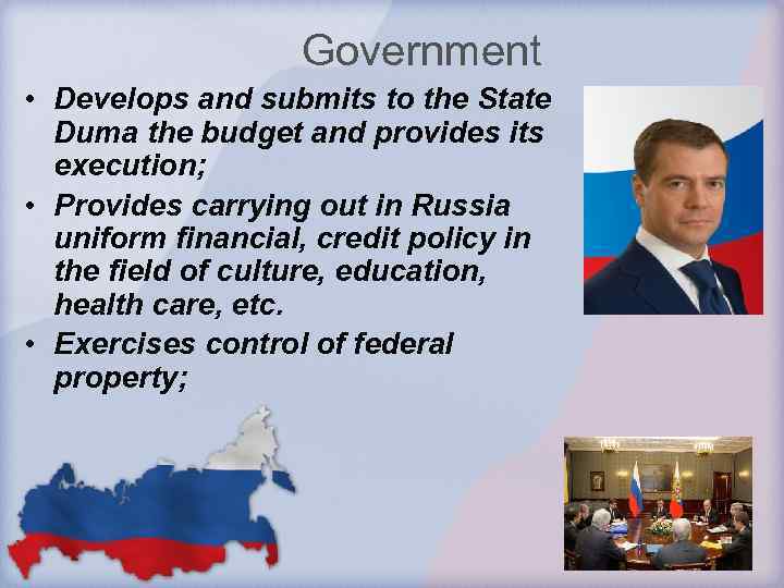 Government • Develops and submits to the State Duma the budget and provides its