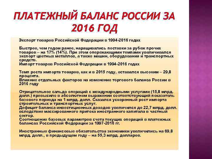 ПЛАТЕЖНЫЙ БАЛАНС РОССИИ ЗА 2016 ГОД Экспорт товаров Российской Федерации в 1994 2016 годах