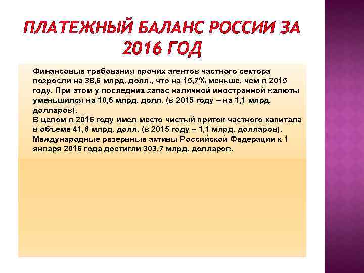 ПЛАТЕЖНЫЙ БАЛАНС РОССИИ ЗА 2016 ГОД Финансовые требования прочих агентов частного сектора возросли на